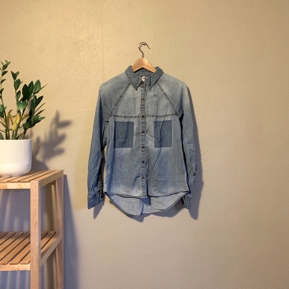 Xhilaration Tops - Xhilaration Blue Distressed Chambray Button Down
